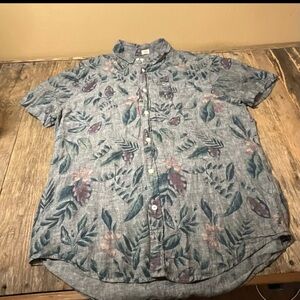 Hollister Linen Camp Shirt Mens XL Gray Floral Collar Short Sleeve Preppy Button